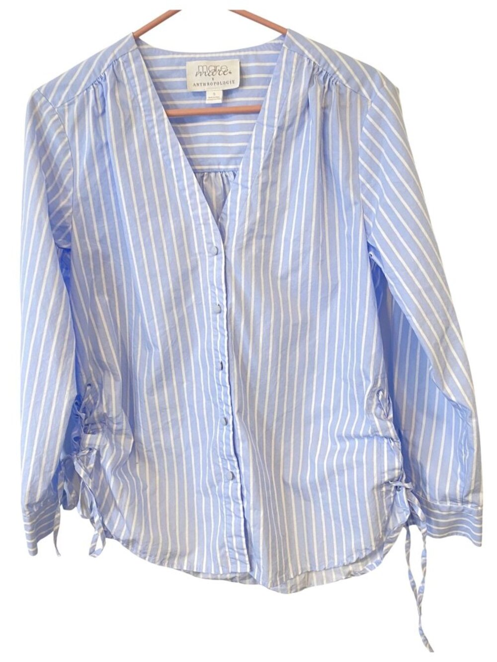 Mare Mare Anthropologie Womens S Blue White Stripe Cotton Blouse Lace Up Coastal